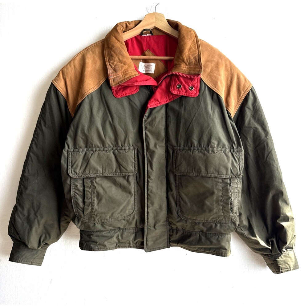 VTG Marc 100% DOWN Puffer Hunting Jacket Mens L Green Leather Shoulder Canvas
